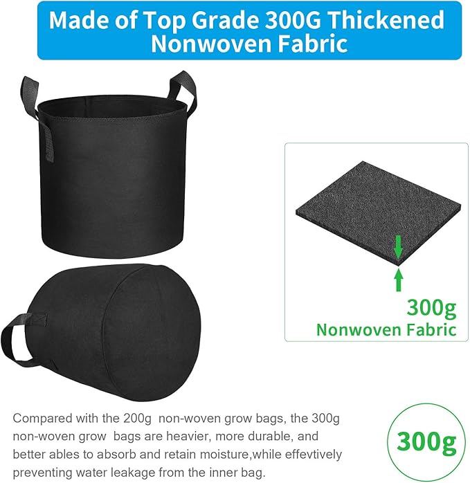 12 Packs 15 Gallon Grow Bags, Heavy Duty 300G Thickened Nonwoven Fabric Plant Pots with Handle