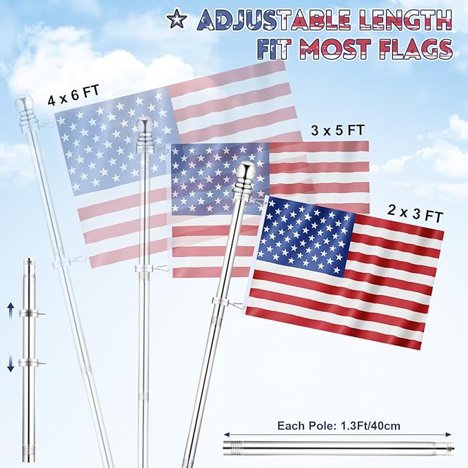 REERON Flag Pole for Outside House Porch Wall Mount, 7 FT No Tangle Stainless Steel Spinning Flagpole Kit with 1" 360° Metal Flag Pole Rings Clips & 2-Position Holder for 3x5' 4x6' American Flags