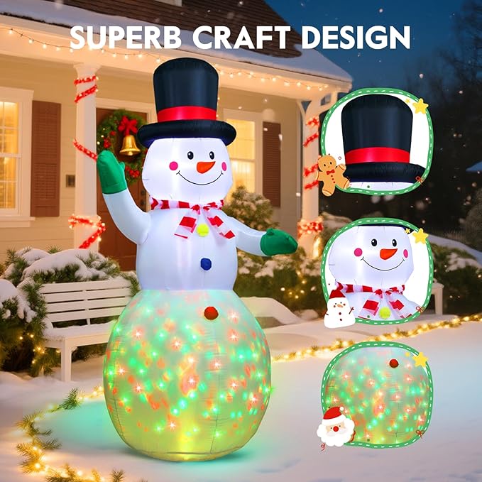 Christmas Inflatable Outdoor Decorations, 6.5 FT Snowman Blow Up Yard Decor with 1 RGB LED Lights, Christmas Party Outdoor, Yard, Garden, Lawn Winter Decorations Ornaments