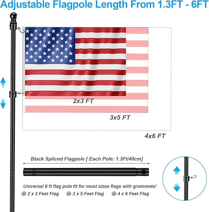 6 FT Flag Poles Kit for House with 2-Position Flagpole Bracket & 360° Rotating Flag Rings, 1 Inch Stainless Steel Spinning Flag Pole, Porch Wall Mounting Metal Flag Pole for 3x5 4x6 Flag (6 FT, Black)