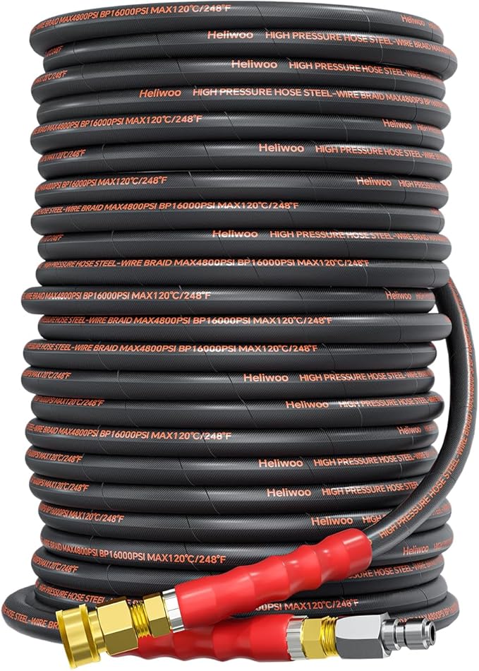 Pressure Washer Hose 100FT, 3/8" for Cold & Hot Water (Up to 140℉) 4800 PSI Kink Resistant Industrial Grade Steel Wire Braided QC Ends