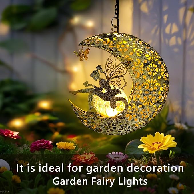 Solar Garden Fairy Statues Decor Hanging Lights,Outdoor Moon Decorations Metal Yard Art,Housewarming for Patio,Wall,Fences,Trail,Great Gift Idea for Gardening Mom and Grandma