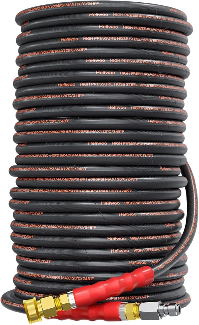 Pressure Washer Hose 150FT,3/8" 4800 PSI Kink Resistant Industrial Grade Hose with 3/8 Quick Connect Ends for Hot & Cold Water up to 140°F, Steel Wire Braided Hose for Power Washing