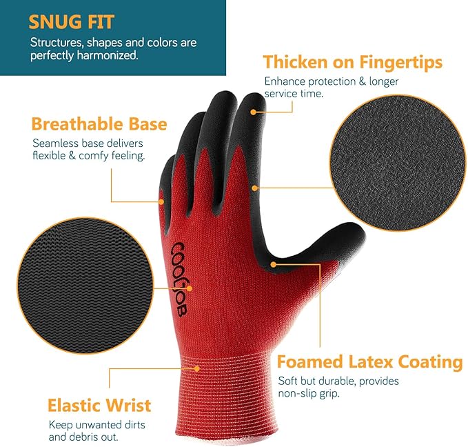 COOLJOB Gardening Gloves for Men, 6 Pairs Breathable Rubber Coated for Garden Weeding Landscaping, Outside Work for Lawn Yard, Men's Large Size, Black & Red