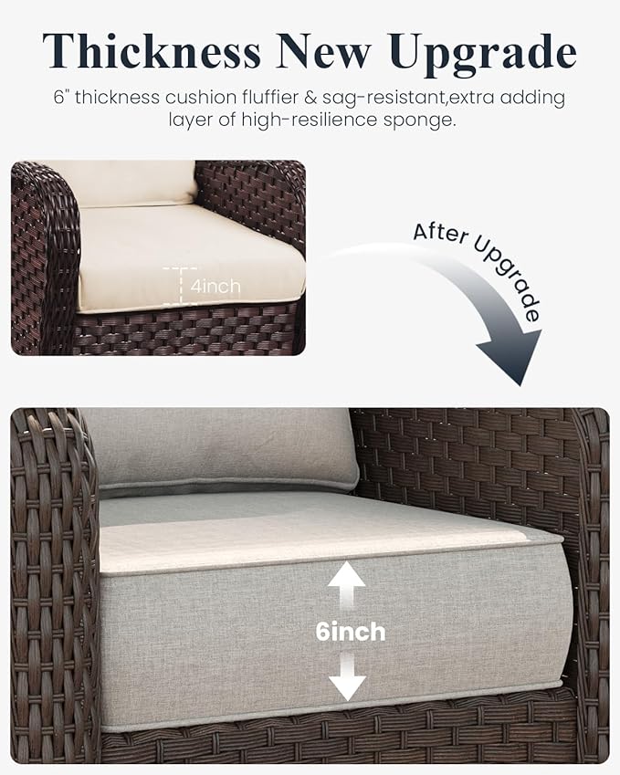 LayinSun 3 Piece Wicker Outdoor Furniture Set with 6-inch Comfy Cushions, High Back Patio Furniture Set with Rattan Armchairs and Side Table