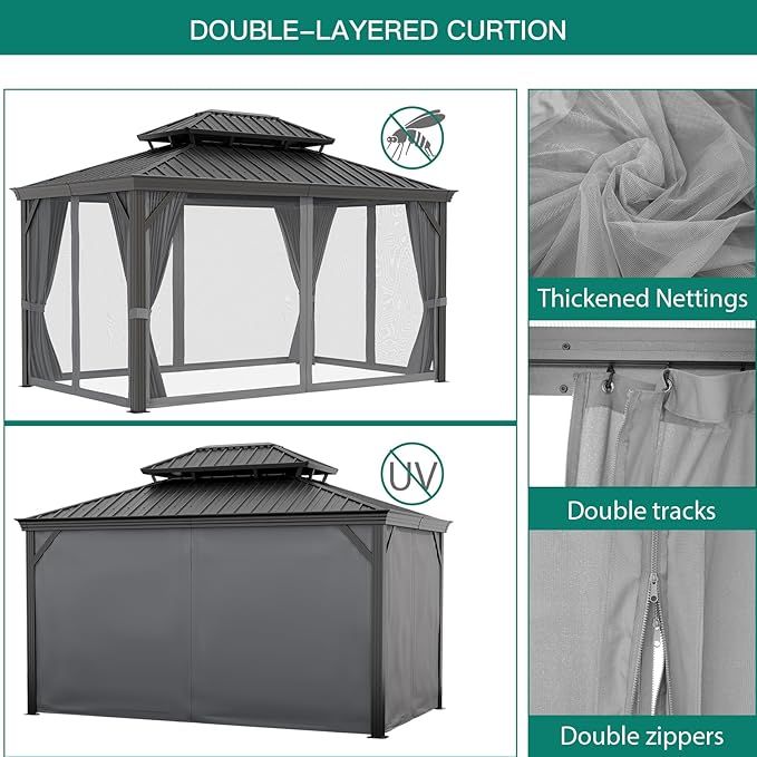 16'x12' Hardtop Gazebo, Heavy Duty Aluminum Permanent Hardtop Gazebo Outdoor Pavilion with Curtains and Netting for Garden (Gray, 16'x12')