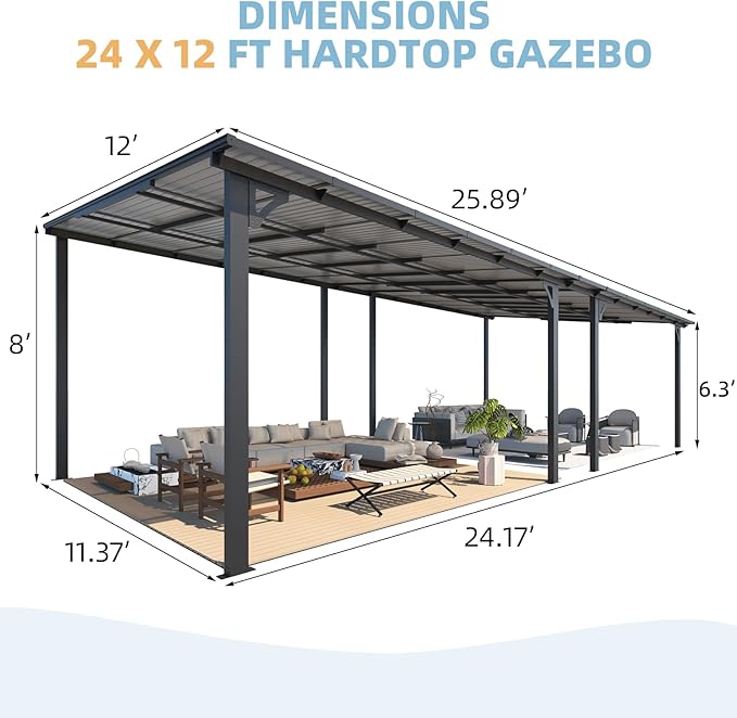AECOJOY 24' x 12' Gazebo for Patio, Large Wall-Mounted Hard Top Lean-to Gazebo Pergola with Roof 12' x 24' on Clearance, Heavy Duty Patio Awnings for Decks, Backyard