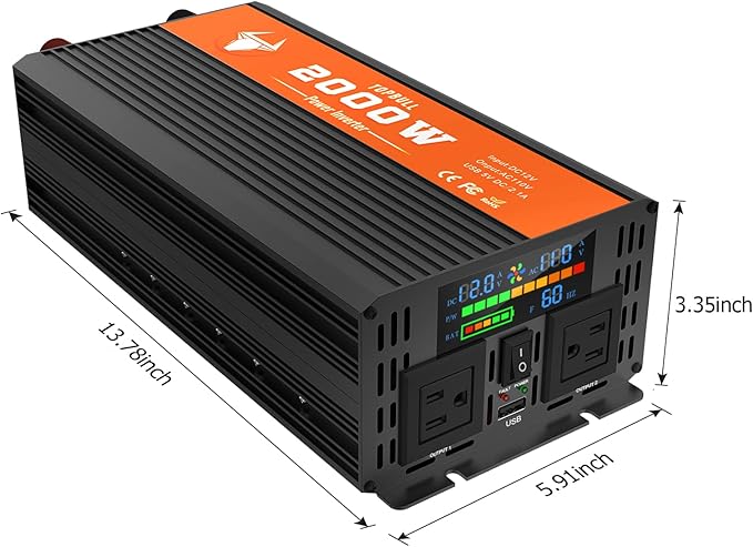 2000 Watt Power Inverter, Car/Outdoor 12V DC to 110V AC Converter, with LED Display, Dual AC Outlets, USB Port, Dual Smart Fans, Cables Included, Suitable for RV, Outdoor, Camping, Boat, Emergency
