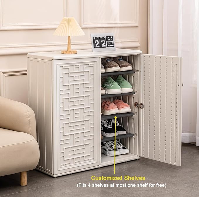 KINYING Outdoor Storage Cabinet Waterproof with Doors, 60 Gallon Resin Deck Box for Patio Furniture Cushions, Garden Tools, Pool Tools and Kids’ Toys (Off-White with 1 Shelving)