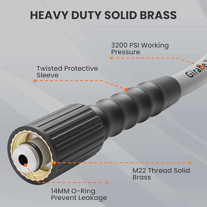 Giraffe Tools Pressure Washer Hose 25FT, 3200 PSI 1/4” M22-14 mm Fitting Power Washer Hose, Kink Resistant High Pressure Washing Hose Extension with Two M22 15mm Female to M22 14mm Male Adapter Sets
