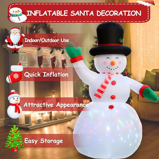 8FT Blow-Up Snowman Happiness Waves at You, Large Inflatable Christmas Outdoor Decor IP44, Blow up Snowman with Built-in 2 LEDs ＆ Colorful Flashing Light,Inflatable Snowman for Yard/Party/Xmas Gift