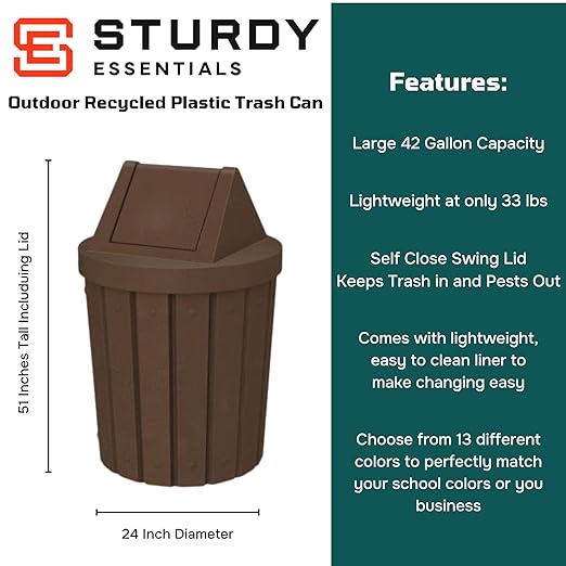 42 Gallon Round Slatted 100% Recycled Plastic Indoor or Outdoor Commercial Trash Can with Easy Access Swing Top Lid | Great for Schools and Businesses - Brown Granite