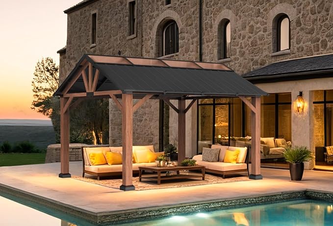 Macrout 11'x13' Hardtop Gazebo with Gabel Roof Canopy and Aluminium Frame, Outdoor Grill Gazebo Pergola for Patio, Backyard and Party, 4944 (Gable Roof + Brown Frame, 11'x13')