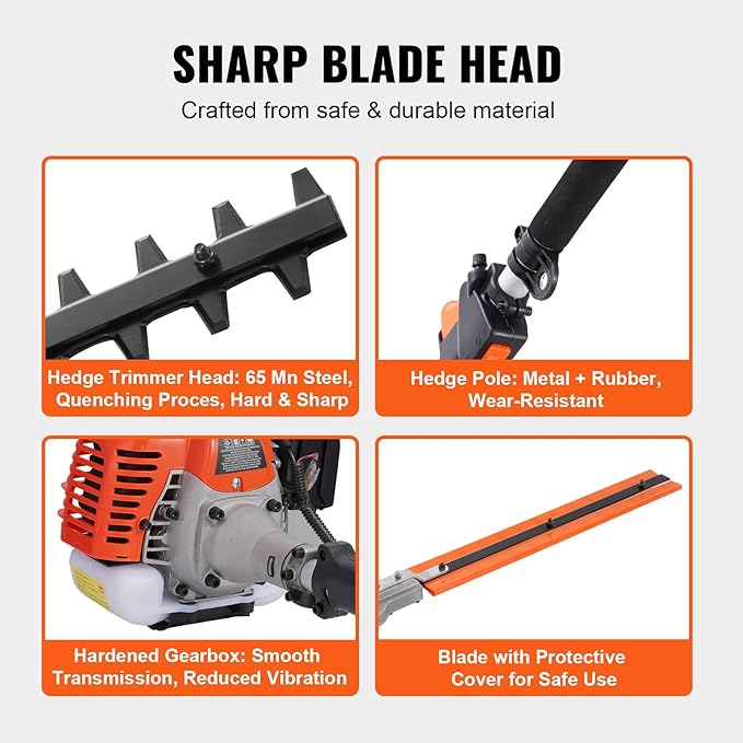 VEVOR Gas Hedge Trimmer 2 Cycle with Extension Pole, 15.7-inch 26cc Gas Powered Pole Hedge Trimmer with Dual Sided Dual Action Blade, Great for Trimming Shrubs, Bushes, w/EPA, CE and EMC Certification