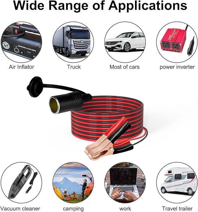 LVYUAN Cigarette Lighter Socket with Battery Alligator Clip, Female Cigarette Lighter Socket to 12V Battery Alligator Clips Charger Extension Cord Automotive Battery Clip-On Extension Cable (3FT)