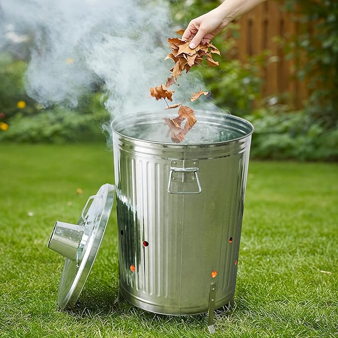 Plexon Metal Compost Bin Outdoor Burn Bin - Galvanized Trash Can with Lid Chimney and Vent Holes - Trash Burning Container Composter Incinerator for Garbage, 20 Gallon (Chimney Lid and Vent Holes)
