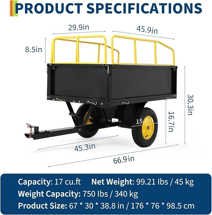 GarveeLife Lawn Mower Trailer ATV Dump Cart Tow Behind, 750 Lb Utility Garden Cart, 17 Cu.Ft, Heavy Duty Steel Garden Utility Trailer with Removable Sides for Atvs, Utvs Lawn Garden Tractors