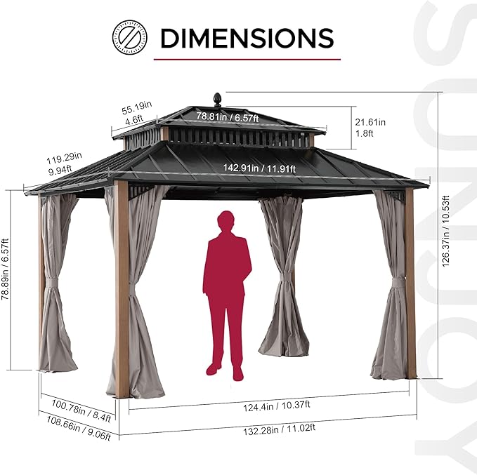 SUNJOY Kingston 12' x 10' Hardtop Gazebo with Galvanized Steel Double Roof, Curtain and Netting, Woodgrain Finish Aluminum Posts Permanent Pavilion Gazebo for Garden, Patio, Deck, Lawn