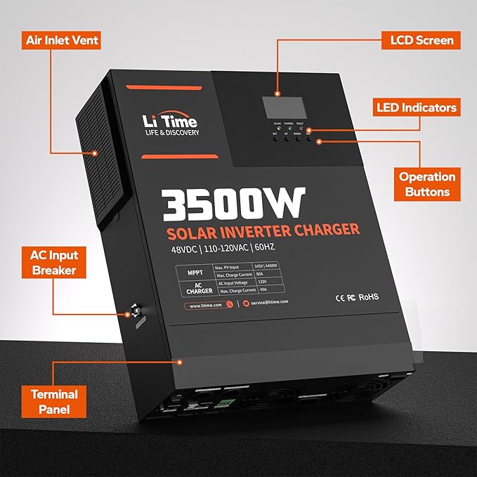 LiTime 3500W Solar Hybrid Inverter, 48V DC to 120V AC All-in-One Solar Inverter Charger, Built in 80A MPPT Charge Controller, for 48V Lead Acid/LiFePO4 Battery, Home Energy Storage, Off-Grid