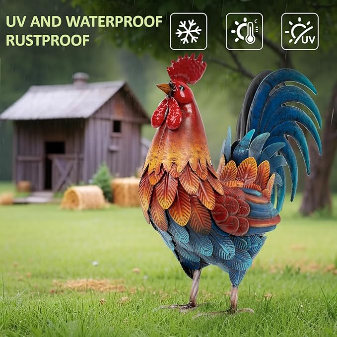 Kircust Metal Rooster Yard Art Statue, Chicken Garden Animals Sculpture Lawn Ornament Figurines Artwork for Outdoor, Patio, Backyard and Home Kitchen Decoration
