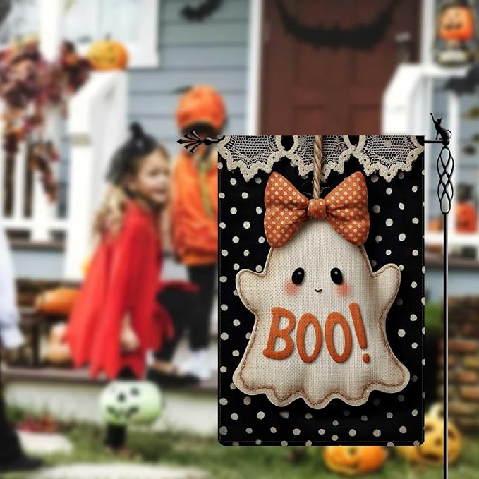 Cute Ghost Garden Flag Halloween Booooo Holiday Garden Flag Vertical Double Sided Rustic Farmland Burlap Yard Lawn Outdoor Decor 12.5x18"