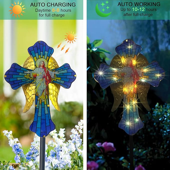 WAIU Solar Cross Garden Light,Grave Decorations,Golden Angel Wings,for Remembrance Gifts,Christmas Yard Decor Outdoor