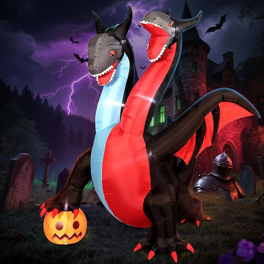 DomKom Halloween Inflatable Blow Up Decorations, 8FT Giant Two-Headed Dragon with Pumpkin, Built-in LEDs for Holiday Party, Garden, Lawn, Yard, Patio Décor
