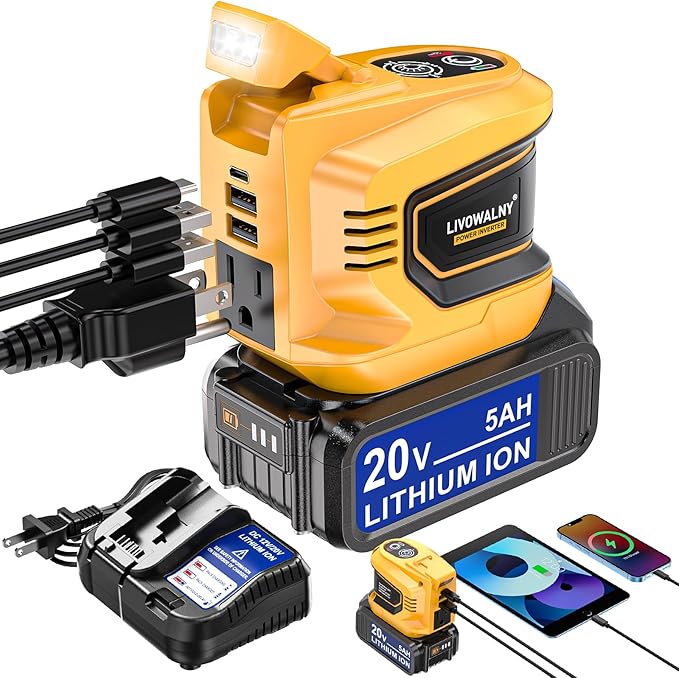 Real 200W Power Inverter Compatible with Dewalt 20V Max, Battery Inverter DC 20V to AC 110V-120V, LIVOWALNY Power Adapter with a 5AH Battery & a Charging Station & 2 USB-A & 1 Type-C & 1 AC Outlet