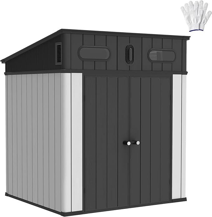 DWVO 6x6 FT Outdoor Storage Shed, All-Weather Resin Garden Tool Shed with Floor & Lockable Door, Plastic Outside Tool Garden Shed with Windows & Vents for Backyard Garden Patio Lawn, Black&Gray