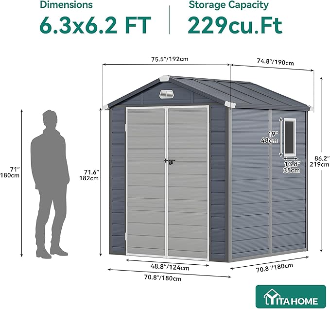 YITAHOME 6x6FT Outdoor Storage Shed w/o Floor, All-Weather Plastic Shed with Lockable Doors, Window & Vents, Plastic Tool Shed for Backyard, Patio, Poolside, Lawn, Gray