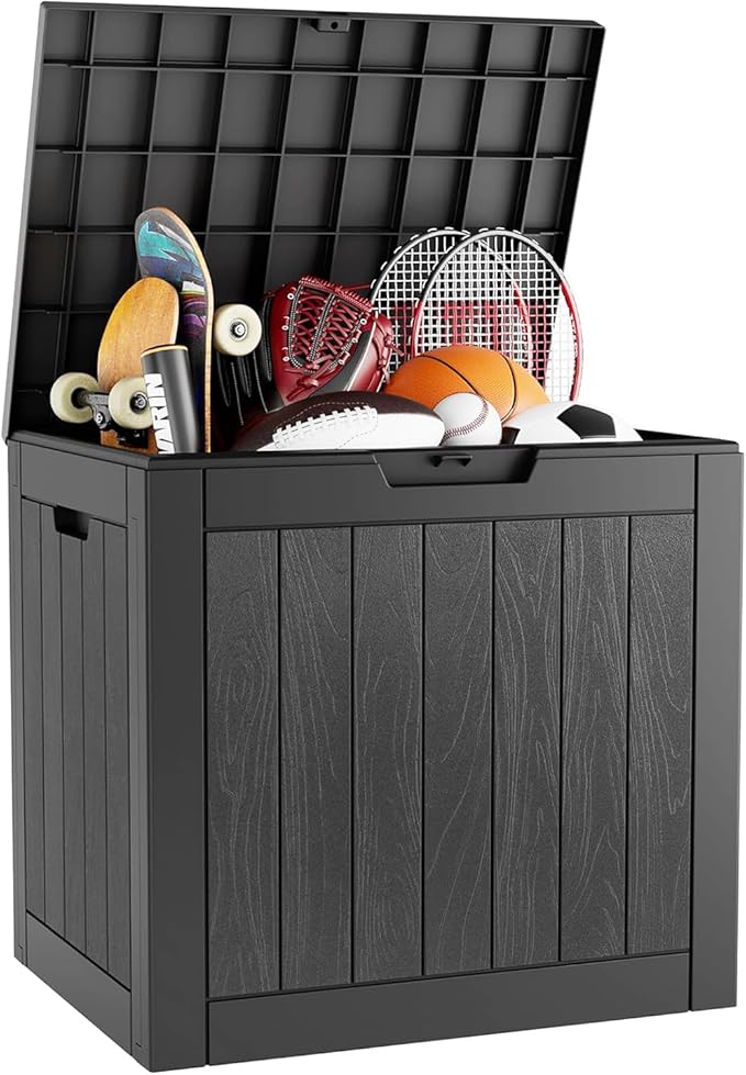 NUNU LAB Outdoor Storage Box, 32 Gallon Deck Box Indoor Outdoor Storage Bin, Waterproof Resin Patio Storage Box for Garden Tools, Package Delivery, Pool Accessories Lockable