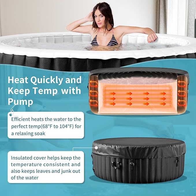 Round Inflatable Hot Tub, 2-4 Person Portable Blow up Hot Tub, Leak-Proof PVC Outdoor Spa with 120 Air Jets, Insulated Cover & Heater Pump, 71” X 71” X 25”