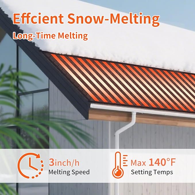 Snow Melting Mats for Roof Valley Walkways, 120V Outdoor Electric Heated Melting Snow Ice Removal, Roof Deicing System Black 15 in x 11.5 ft