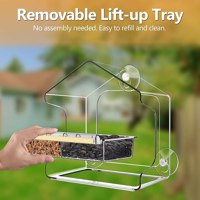 LUJII All One Piece Window Bird Feeder with Strongest Suction Cups, All One Piece No Glue, Lift-Out Tray with Drainage Holes, Large Enough for Larger Birds Like Cardinal or Mocking Birds, Clear