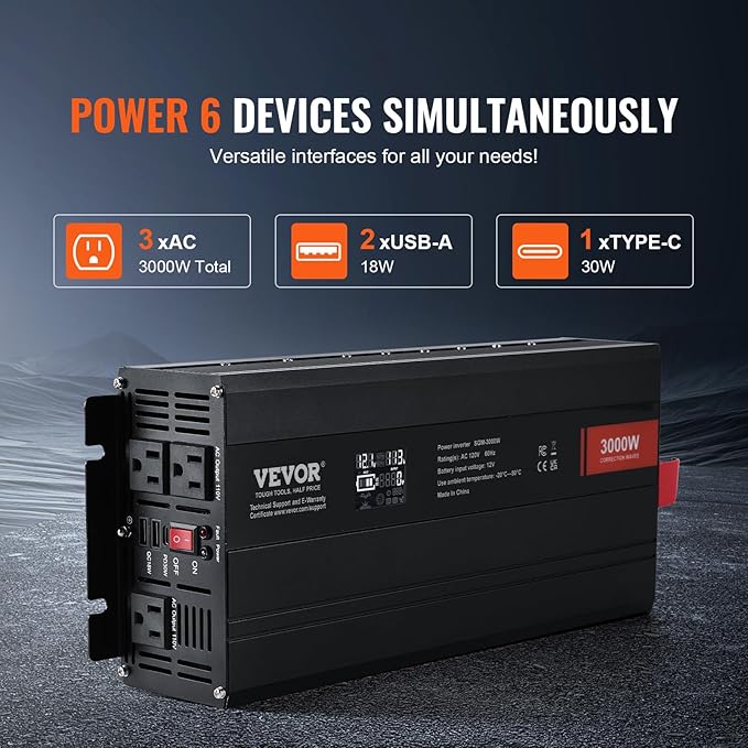VEVOR Modified Sine Wave Inverter, 3000Watt Power Inverter DC 12V to AC 120V LCD Display with 3 AC Outlets 2 USB Port 1 Type-C Port 10 Spare Fuses, for Large Household Equipment, CE FCC Certified