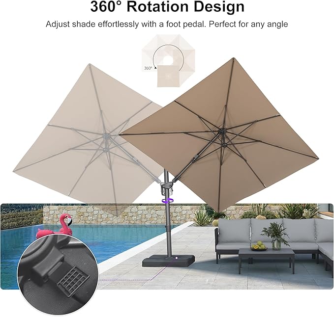 PURPLE LEAF 8' X 10' Swivel Outdoor Patio Aluminum Umbrella with Base Left-right Tilting Cantilever Offset Umbrella with UV Resistant Heavy Duty Fabric for Deck Pool Patio Backyard, Sand Dune
