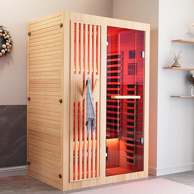 MEISSALIVVE Full Spectrum Sauna for Home, 1~2 Person Indoor Infrared Sauna Room with 10 Minutes Warm-up Heate, Canadian Hemlock Wood Home Infrared Sauna with Bluetooth and Tempered Glass