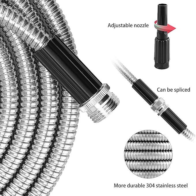 25ft Metal Garden Hose Stainless Steel Heavy Duty Water Hose With 2 Nozzles, No Tangle and Kink, Lightweight & Flexible, Tough and Pet Proof, Metal Garden Hose for Yard, RV, Garden, Outdoor