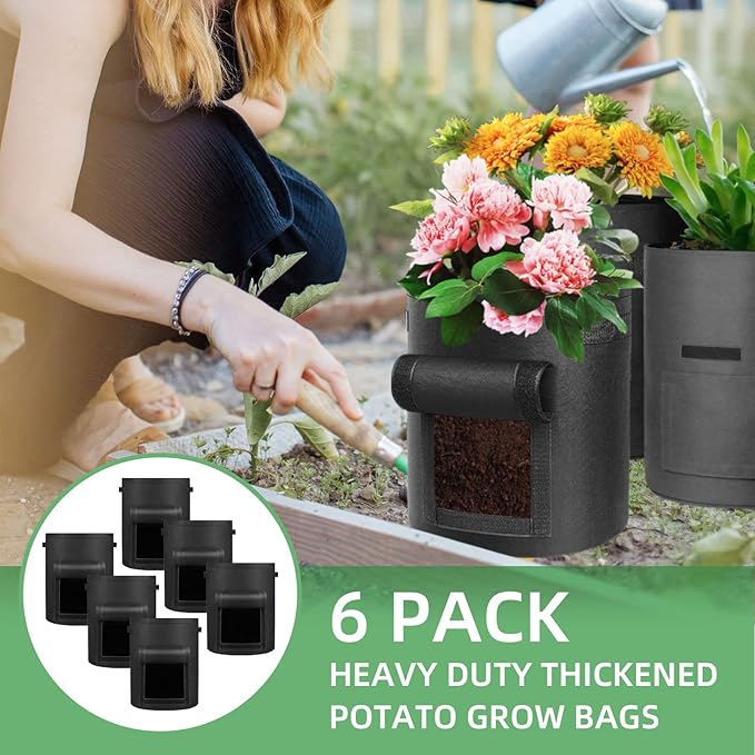 6 Pack 15 Gallon Potato Grow Bags, Heavy Duty Nonwoven Fabric Garden Planting Bag Plant Container with Flap and Handles, Aeration Fabric Pots for Growing Vegetable, Fruits and Flowers