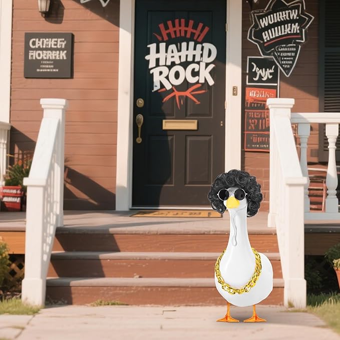 DECOHS 3 Pcs/Set Cool Porch Goose Outfits, Cool Lawn Goose Statue Costume Clothing, Porch Garden Goose Gold Chain Collar Costume Sunglasses Wig for Outdoor Patio Yard Decoration Pet Cosplay Party