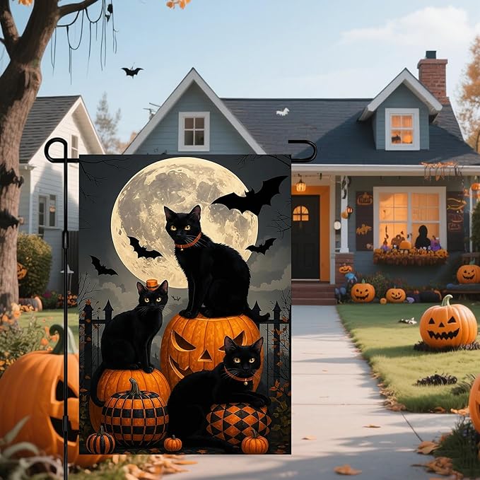IVN Happy Halloween Garden Flag 12x18 Inch Double Sided Black Cat Pumpkin Bat Full Moon Gothic Graveyard Outdoor Yard Flag for Outside Front Door Lawn Porch Patio Welcome Decor