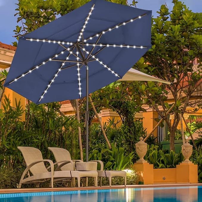 EliteShade USA 10-Year-Non-Fading Solar 9ft 3 Tiers Market Umbrella with 80 LED Lights Patio Umbrellas Outdoor Table with Ventilation,Navy Blue