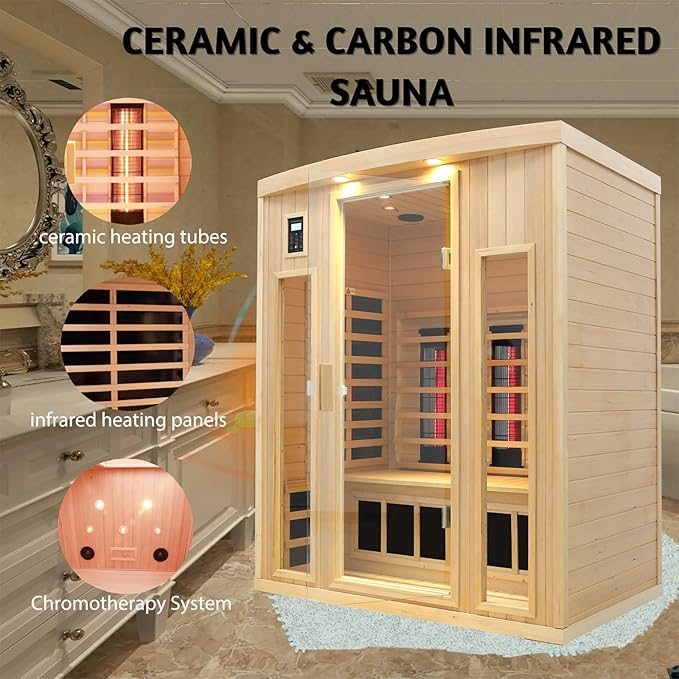 Ceramic Infrared Sauna 3 Person, Low EMF Infrared Saunas for Home, Hemlock Indoor Sauna Room, 2- in - 1 Heating Panels, Bluetooth Speakers, Chromotherapy Lights