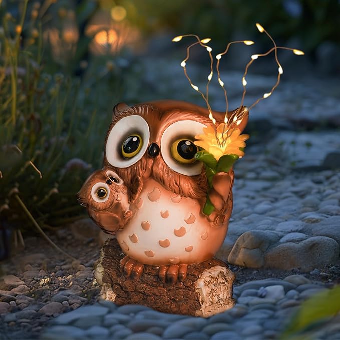 Solar Garden Statues Outdoor Decor, Fairy Owl Statue Garden Decor, Resin Yard Decorations Outdoor for Patio, Porch, Balcony, Lawn Ornaments, House Warming Birthday Gifts for Mom Women Grandma