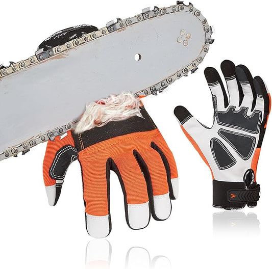 Vgo... 1Pair Chainsaw Gloves, 12-Layer Chainsaw Protection on Left Hand Back,Goat leather Work Gloves, Mechanic Gloves