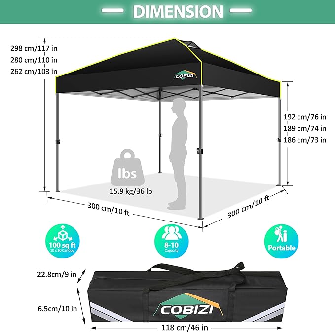 COBIZI Canopy 10x10 Pop Up Canopy Tent 1-Button Push Easy up Outdoor Canopy Instant Portable Commercial Shelter Waterproof UPF50+ Gazebo with Reflective Strip, Air Vent & 4 Sandbags,Black