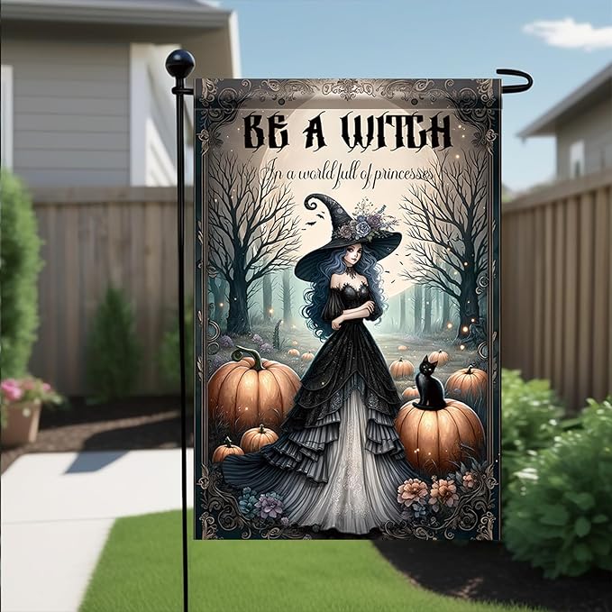 Halloween Witch Garden Flag 12x18 Inch Double Sided for Outside Witch in Black Dress Pumpkin Cat Yard Flag for Outdoor Holiday Home Decor