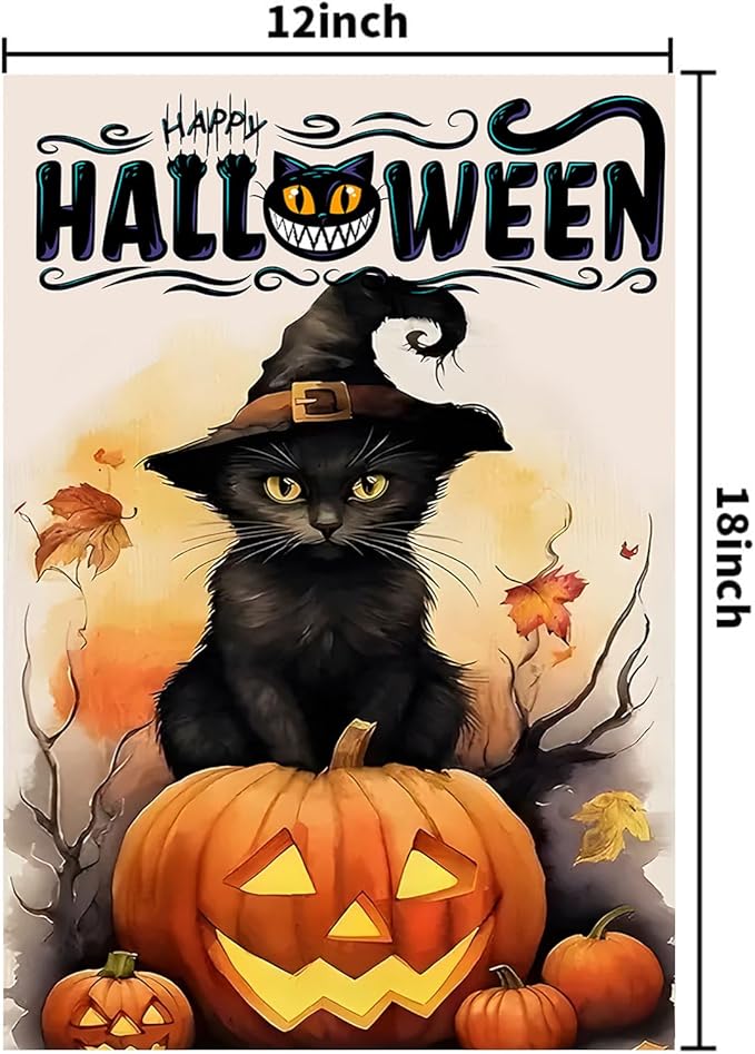 DECORLUXES Halloween Cat Garden Flag, Vertical Double Sided Happy Halloween Pumpkin Holiday Outside Decorations (Garden Flag)