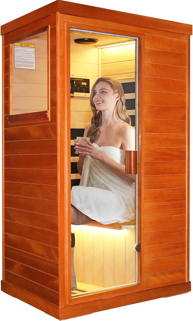 One Person Sauna Far Infrared Finland Spruce Wood Saunas Room Home Wood Spa Dry Saunas Single Person Spa Beauty of Natural Wood 67.3x37.4x29.5inch