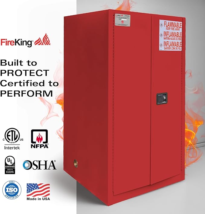 FireKing Red Flammable Safety Cabinet, Combustible Liquids Flammable Storage Cabinet, 60 Gallon Steel Safety Cabinets with Manual Door for Commercial, Industrial & Home Use, 34" x 34" x 65"